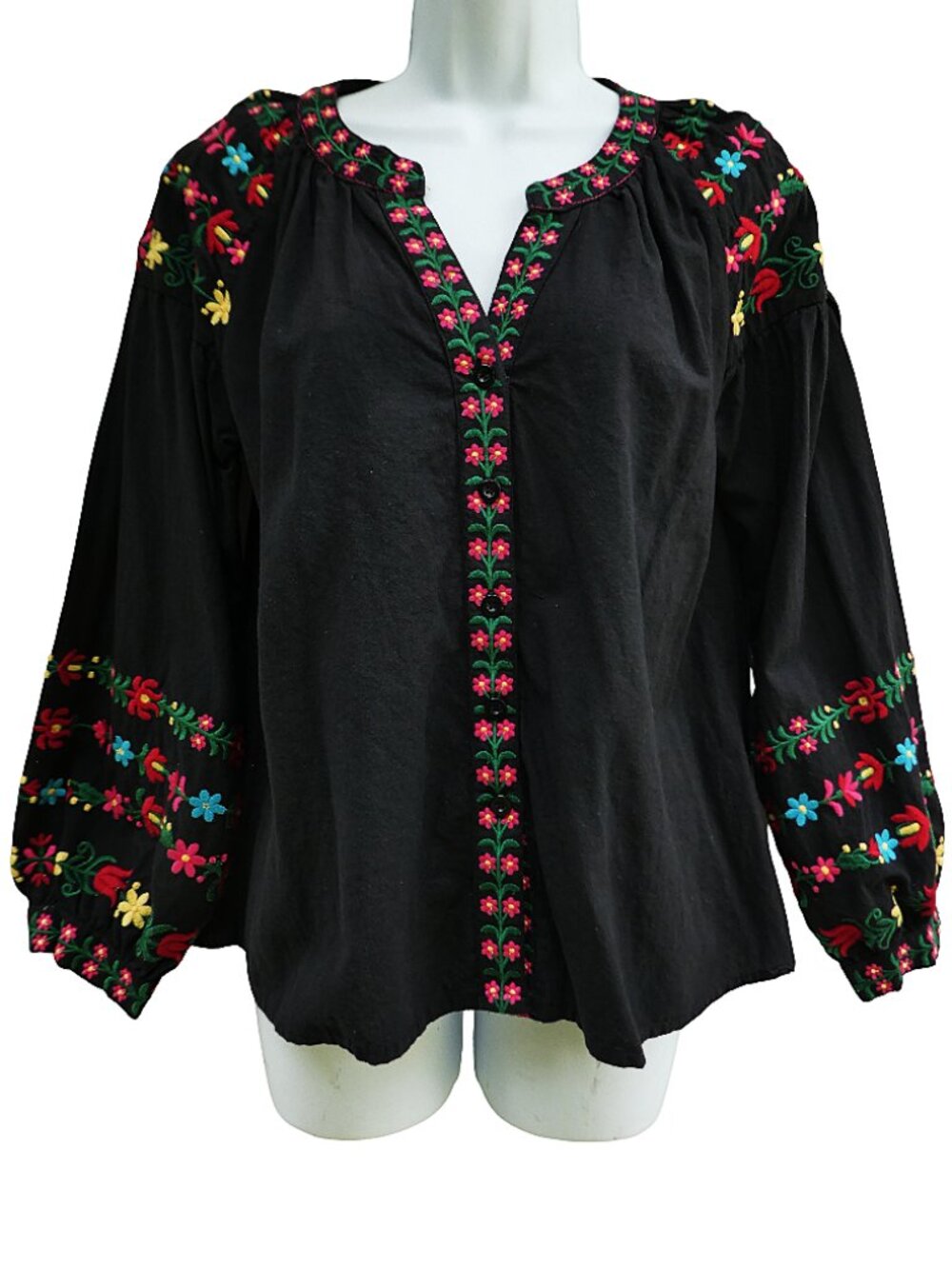 Velzera Colorful Floral Embroidered Black Cotton Peasant Blouse Ethnic Hungarian